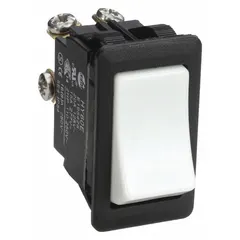 General purpose rocker switch with DPST contacts and momentary on/off action. Rated for 2 hp, suitable for moderate-load industrial control applications such as motor and machinery switching.