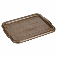 Solid plastic lid for covering bus tubs in commercial food-service settings. Brown color, 15 3/4 in width, 1 in height. NSF certified. Compatible with CRESTWARE BT7BR container.