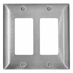 This LEVITON wall plate is a 2-gang, midsize cover for toggle switches, constructed from stainless steel. It is used to cover and protect two toggle switches in a single electrical box, providing a corrosion-resistant finish suitable for residential and light commercial applications.