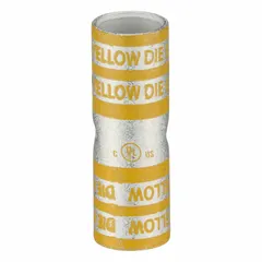 This crimped butt splice compression connector features a copper barrel with a yellow color code and Die Code 62. It is used to join two copper conductors in electrical wiring applications requiring permanent, low-resistance connections.