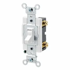 Single-pole toggle switch with maintained action, rated 15 A at 120/277V AC. Non-illuminated design in a white finish. Used for basic on/off control of lighting or other electrical loads in residential or commercial buildings.