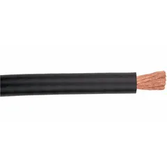Single-conductor battery cable with 4/0 AWG stranded copper conductor, black insulation, rated 60 V. 25-foot length suitable for heavy-duty electrical connections in vehicles and equipment, such as battery-to-starter or ground circuits.