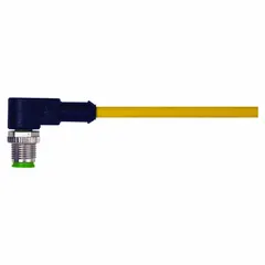 Single-ended cordset with a yellow PUR jacket, designed for twisting applications. Features an M12 male right-angle connector on End 1 and bare wire on End 2. 4 pins, 22 AWG wire size, 3 m cable length. Rated IP65, max current 4 A.
