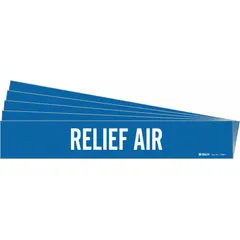 Blue adhesive pipe marker with white legend text reading 'Relief Air' without arrows. Fits pipe outer diameters from 2-1/2 to 7-7/8 inches. Pack of 5. Used to identify pipes carrying relief air in industrial piping systems.