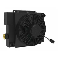 This DC motor driven forced air oil cooler removes 20 hp of heat from hydraulic or lubrication oil systems. It supports a maximum flow of 50 gpm and a maximum pressure of 377 psi, operating on 12V DC power. The unit features an SAE #16 connection and carries an IP 68 ingress protection rating
