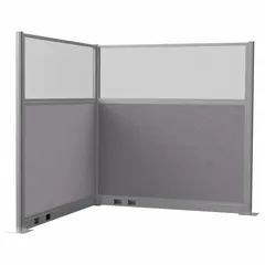 This modular cubicle wall system from VERSARE includes four fabric panels in Cloud Gray with a fluted window style. Overall dimensions are 72 inches in height and 72 inches in width. Suitable for creating partitioned workspaces in open-plan offices or other commercial environments.