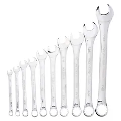 This 10-piece SAE 12-point combination wrench set includes sizes from 1/4 in to 7/8 in. The wrenches feature a chrome finish and are suitable for tightening and loosening hex fasteners in automotive, machinery, and general assembly applications. A canvas pouch is included for storage.