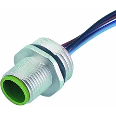 M12 male front mounting receptacle with A-coding and 12 pins. Features a 1 m wire lead with TPE jacket, rated IP67 and NEMA 4. Wire size 0.14 sq mm. Suitable for signal and low-power connections in industrial environments.