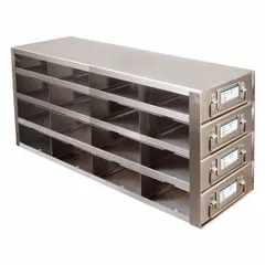 This cold storage rack is constructed of stainless steel and includes slide-out drawers. It measures 6 1/2 inches in overall width. Suitable for organizing samples or materials in laboratory freezers or cold storage environments.