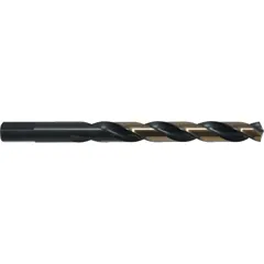 High-speed steel jobber-length drill bit for general-purpose drilling in metal, wood, and plastic. Features a 135° split point to reduce walking and require less thrust. Black and gold finish provides heat resistance. Three-flats shank ensures secure chuck grip.