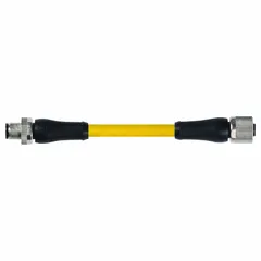 Double-ended cordset with M12 male straight to M12 female straight connectors, 5 pins, 14 AWG wire, and 3 m cable length. Yellow TPE jacket rated IP67 for use in harsh industrial environments requiring resistance to oil, chemicals, and abrasion.
