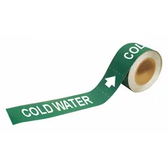 Green adhesive pipe marker with white legend reading 'Cold Water' and directional arrows. Designed for pipe outer diameters from 2-1/2 to 6 inches. Supplied as a roll of 25 markers for labeling cold water piping systems in industrial and commercial facilities.