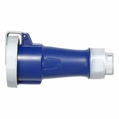 This LEVITON pin and sleeve connector is rated for 250V AC, three-phase, 20A, with 2 poles and 3 wires, featuring IEC grounding. It is designed for washdown environments, providing a water-resistant connection for industrial power applications.