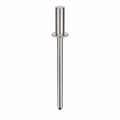 Domed-head blind rivet with 0.124" diameter and 1.458" overall length. Body length is 23/64". Supplied in a 500-piece pack. Used for fastening materials where only one-sided access is available, such as sheet metal assembly and general fabrication.