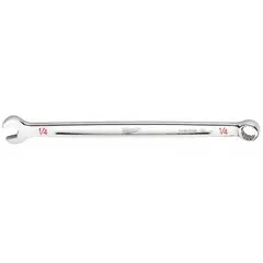 This SAE 12-point combination wrench has a 1/4 in head size and a 5 in overall length. It features a chrome finish and is constructed from chrome vanadium steel. Suitable for general fastening tasks in automotive, mechanical, and industrial maintenance applications.