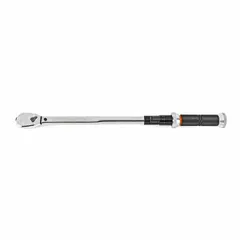 This ratcheting micrometer torque wrench features a 1/2 in drive and a torque range of 20 ft-lb to 150 ft-lb. It is designed for precise tightening of fasteners in automotive, industrial, and mechanical applications, ensuring accurate torque application to prevent over- or under-tightening.