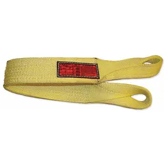 This 1-ply nylon twisted-eye web sling is 16 ft long with a 9,600 lb vertical hitch capacity. It is used for lifting and rigging heavy loads in industrial material handling applications such as construction, manufacturing, and warehousing. The sling includes a wear-resistant tag for identification.
