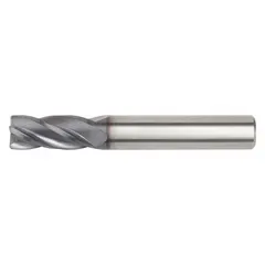 This carbide corner-chamfer end mill creates 45-degree chamfers on workpiece edges. It is used in general machining, mold making, and deburring operations on ferrous and non-ferrous materials. Specifications: 6 mm mill diameter, 16 mm length of cut, 0.1 mm chamfer, 4 flutes.