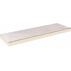 This boltless shelf kit includes two front-to-back beams and a tan particleboard deck, with a powder-coated steel frame. Rated for 770 lb, it is used to create single straight shelving in storage areas for boxes, bins, and packaged goods.