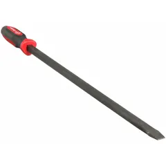 This pry bar features a screwdriver-style handle and a chisel end for prying, lifting, and scraping tasks. With a 25 in overall length, 1/2 in bar width, and 1 1/8 in end width, it provides leverage for opening crates, removing nails, and separating materials. Meets ANSI standards.