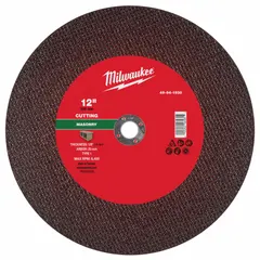 This MILWAUKEE cut-off wheel is a Type 1 wheel designed for cutting concrete and masonry. It features a 12-inch diameter, 1/8-inch thickness, 20 mm arbor, and 30 grit silicon carbide abrasive for aggressive cutting action.