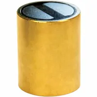 Cylindrical rare earth magnet with samarium cobalt construction, Type 35, 2-pole design. Outside diameter 33/64 in, thickness 0.787 in, max pull force 6.6 lbf. Brass-colored. Used in industrial holding, sensing, and positioning applications requiring compact magnetic strength