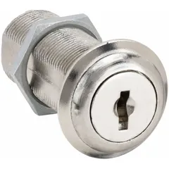 Keyed cam lock with zinc die-cast construction and nickel finish. Features a 1 1/2 in straight cam and keyed different operation, where each lock uses a unique key. Suitable for cabinets, lockers, and enclosures requiring varied keying.