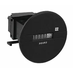 Analog hour meter with round flush-mount bezel and tenth-hour increment. Operates on 90 V AC to 115 V AC. NEMA 12 enclosure rating. UKCA certified. Used for tracking operating hours of industrial machinery, generators, and pumps.