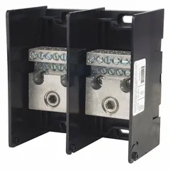 Open-style power distribution block with aluminum lugs for surface mounting. Accepts line side wire sizes from 6 AWG to 350 kcmil. Used to distribute a single incoming power feed to multiple branch circuits in electrical distribution systems.