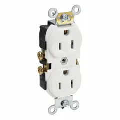 Duplex general-purpose receptacle rated 125V AC, 15A with 2-pole/3-wire grounding. NEMA 5-15 configuration in a white thermoplastic face. Designed for flush mounting in standard wall boxes for powering typical 125V devices in residential, commercial, and light industrial settings.