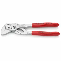 Flat-jaw tongue and groove pliers with push-button adjustment and smooth jaws. Overall length 6 in, max jaw opening 1 in, with 14 jaw positions. Suitable for gripping, turning, and holding nuts, bolts, and pipes in industrial maintenance, plumbing, and mechanical assembly.