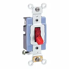 Single-pole maintained toggle wall switch rated 120V AC and 15A. Red illuminated toggle provides visual status indication in low-light conditions. Suitable for basic on/off control of lighting or other electrical loads in standard wall-box mounting.