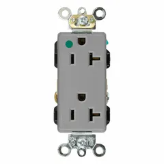 This duplex receptacle is rated 20A at 125V AC with a NEMA 5-20R configuration, 2-pole/3-wire grounding. The gray housing is suitable for general purpose use in healthcare facilities where ground integrity is required.