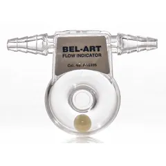 This flow indicator provides visual confirmation of water flow in horizontal piping systems. It features a polycarbonate body with 3/8-inch barbed connections and nylon wetted parts. The internal ball rises with flow, offering a clear indication without electrical components.