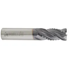This carbide roughing end mill features a GMX-35 coating, coarse pitch, and 4 flutes with a 3/8" diameter. The corner-chamfer design enables fast cutting in stainless steel and super alloys. Suitable for aggressive material removal in industrial machining operations.
