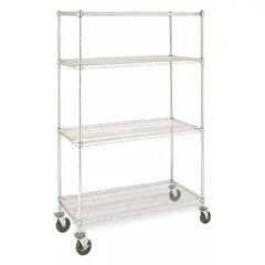 This mobile wire shelving unit is constructed from stainless steel with a silver finish, featuring four shelves and round posts with a split-sleeve assembly. It includes two swivel casters for repositioning and is recommended for dry environments. Suitable for organizing parts and supplies in industrial facilities, warehouses, and clean rooms.
