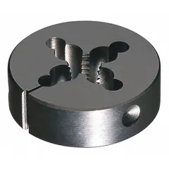 Adjustable round threading die for cutting #5-40 UNC external threads on bolts, studs, or rods. Made of carbon steel with a 13/16 in outside diameter. Adjustable design allows fine-tuning of thread depth for precision fits. Suitable for use with standard die stocks in metalworking and general manufacturing applications.