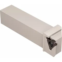 This indexable toolholder is designed for external grooving, cutoff, and turning operations on CNC lathes and manual machines. It accepts inserts with a specific geometry for precision metalcutting in general machining applications.