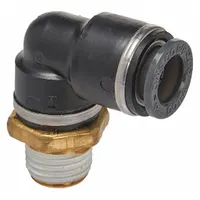 Brass male elbow push-in fitting for air brake composite hose systems. NPT threaded connection enables secure attachment to ports. Sold as a 2-pack for use in pneumatic braking circuits on heavy-duty vehicles