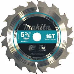 Ripping blade for wood cutting with 16 teeth and 0.06 in kerf. 5-3/8 in diameter with 5/8 in arbor. Suitable for fast cuts along the grain in lumber and sheet goods.