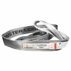 This nylon web sling features a protected-edge design and twisted-eye ends for lifting and rigging applications. With 4 plies, a 20 ft length, and a 16,400 lb vertical hitch capacity, it is suited for heavy loads in industrial material handling. A wear-resistant tag provides identification.