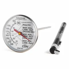 Analog ovenproof meat thermometer with stainless steel case and glass lens. Accuracy ±0.3 °F or ±0.2 °C. Overall length 5 1/2 in. NSF certified. Used for monitoring internal temperature of meat and poultry roasts during cooking.