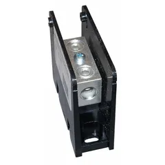 Open-style power distribution block with lugs for surface mounting. Accepts line-side wire sizes from 14 AWG to 2/0 AWG. Constructed with aluminum components. Used to split a single incoming power feed into multiple branch circuits in industrial control panels and switchgear.
