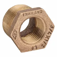 This threaded low-pressure pipe fitting is a straight connector made of brass, designed for potable water systems. It features a 3/4 inch female NPT connection on one end and a 1/2 inch male NPT on the other, allowing connection of pipes of different diameters. Rated for Class 125 and a maximum operating pressure of 200 psi, it is suitable for plumbing, HVAC, and irrigation applications requiring a leak-resistant joint