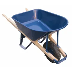 This wheelbarrow features a steel tray and hardwood frame, with a pneumatic tire for mobility. It has a maximum volume capacity of 6 cubic feet and a maximum load capacity of 286 pounds. Suitable for transporting bulk materials such as soil, gravel, or debris in gardening and construction settings.