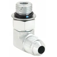 Steel hydraulic hose adapter with male ORB and male JIC connections, rigid 90° elbow configuration. Fitting size 5/16 in x 5/16 in. Used to connect O-Ring Boss ports to JIC fittings in hydraulic systems