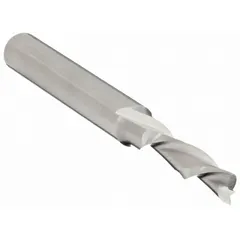 Solid carbide spiral-flute router bit with downcut geometry for wood and plywood. Two flutes, 1/8" cutting diameter, 1/2" length of cut. Downcut design pushes chips downward, reducing tear-out on top edges. Suitable for CNC and hand-router applications in cabinetry, furniture, and sign making.