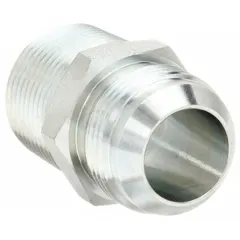 Steel hydraulic hose adapter with male NPTF and male JIC threads, 1 in x 1 in fitting size. Rigid straight design for connecting NPTF male threads to JIC male threads in fluid power systems, providing leak-resistant connections.