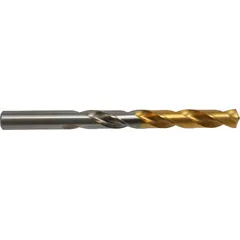 General-purpose jobber-length drill bit for drilling in metal, wood, and plastic. Made from high-speed steel with a titanium nitride (TiN) coated tip for extended tool life in ferrous materials. The 135° split point reduces walking and requires less thrust, suitable for production and maintenance applications.
