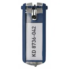 Rectangular blue plastic key tags with blank inserts for custom labeling. Overall height 2 5/8 in. Sold as a 6-pack. Suitable for organizing and identifying keys in industrial, commercial, or facility settings.